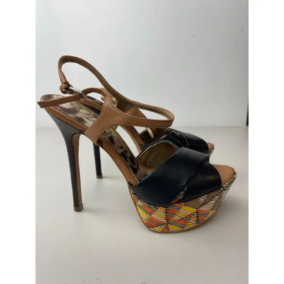 NWOB Sam Edelman Boho Woven Platform Sandals – Black & Tan Strappy Heels 6M - Picture 2 of 7